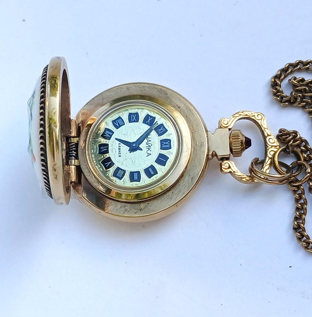 Pendant watch "Chaika", Gold plated watch with enamel , gold watch ,Womens watch, Mechanical watch
