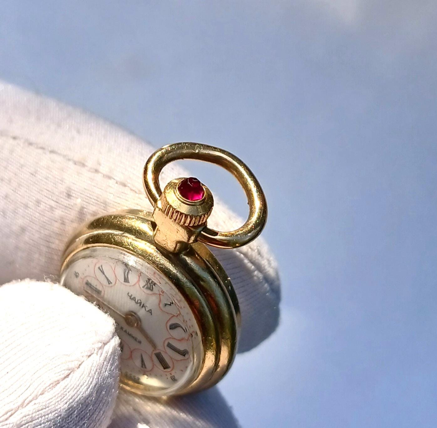 Pendant watch "Chaika", Gold plated watch with enamel , gold watch ,Womens watch, Mechanical watch