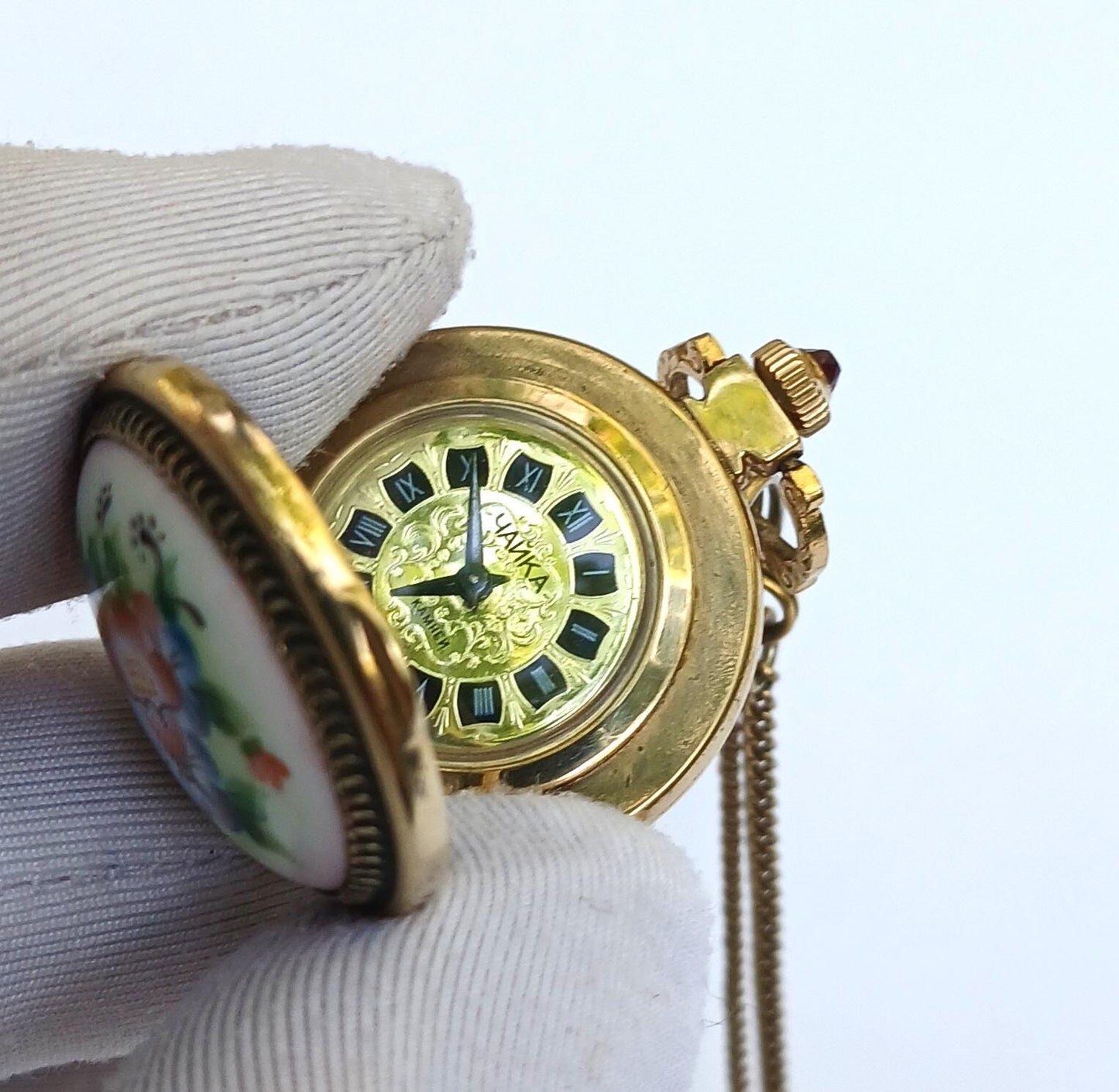 Pendant watch "Chaika", Gold plated watch with enamel , gold watch ,Womens watch, Mechanical watch