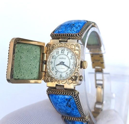 Soviet watch "Chaika" with malachite stones, Vintage Watch ,Ukraine watch ,Womens watch ,gold watch , Mechanical watch, Christmas Gift WATCH