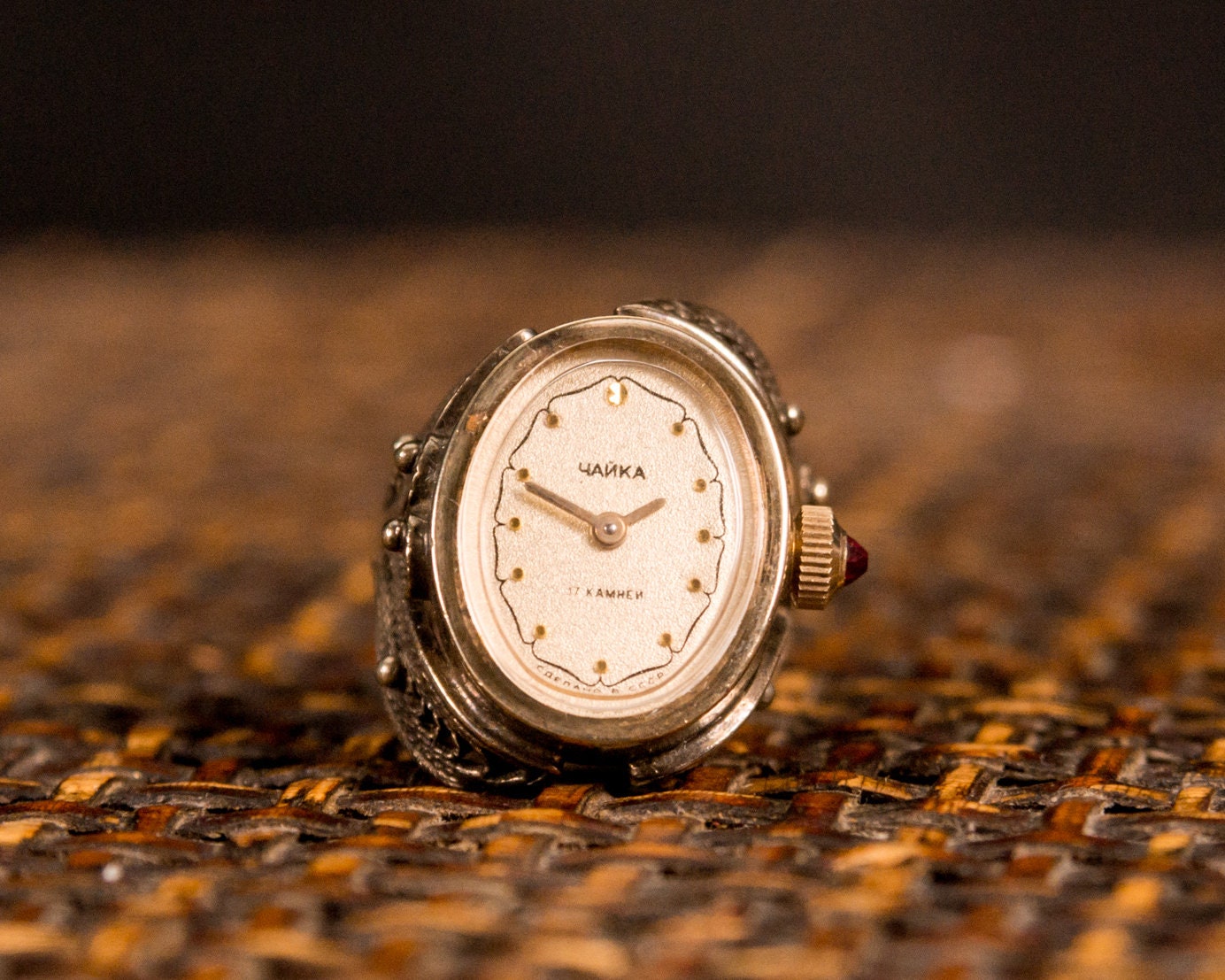 Vintage Ring watch  "Chaika" with ruby stone crown , Vintage Ring watch ,gold plated watch ring ,Womens watch, Mechanical watch