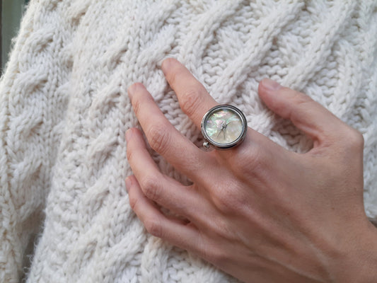Stone watch, Pearl watch, Silver ring watch , Silver plated Ring, Pearl ring watch,