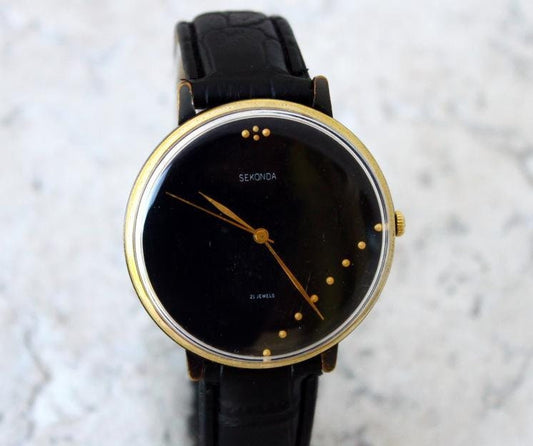 Soviet watch "Seconda" , Big Watch, Mens watch ,Womens watch, Gold plated watch, Ukraine watch, Vintage Watch, Black watch