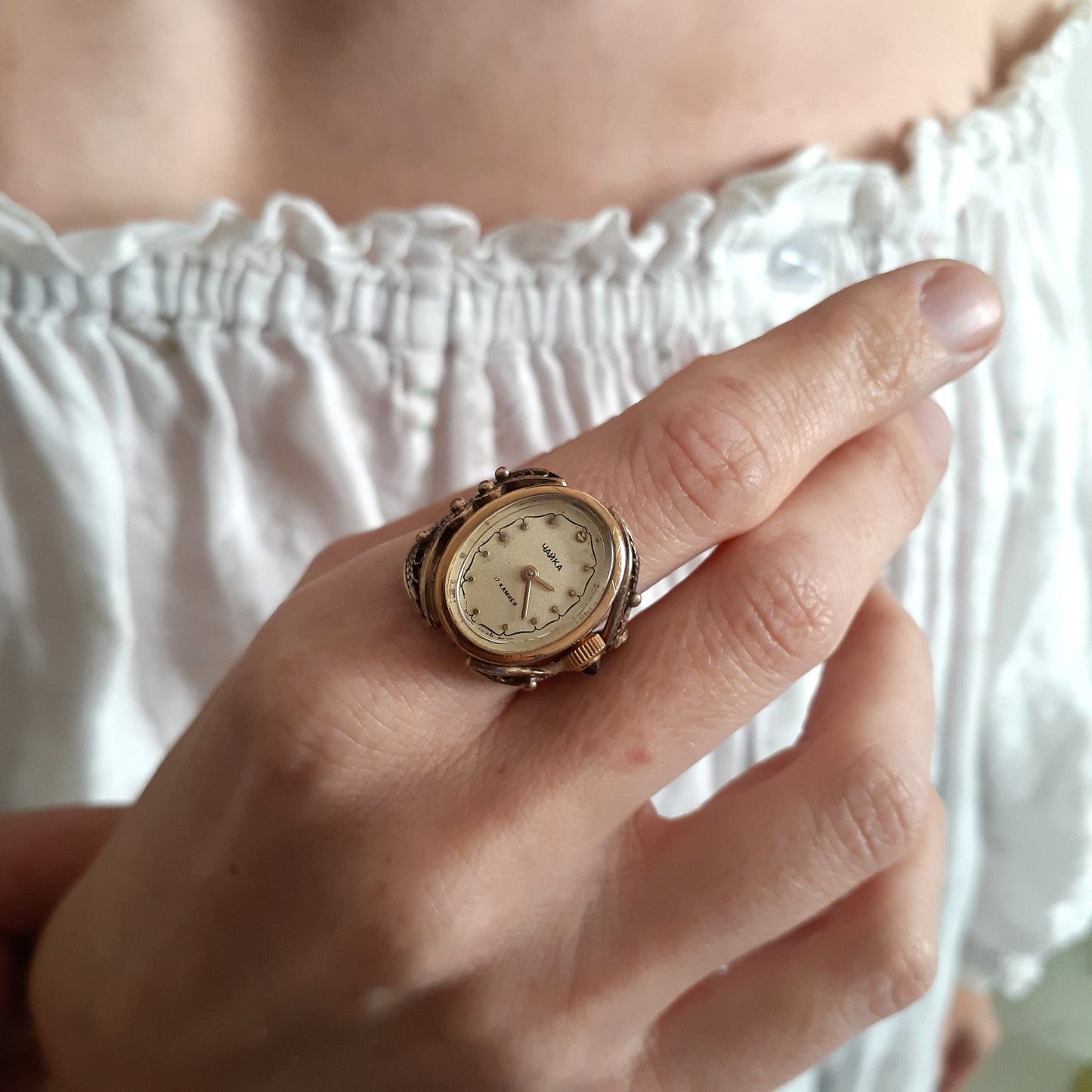 Vintage Ring watch  "Chaika" with ruby stone crown , Vintage Ring watch ,gold plated watch ring ,Womens watch, Mechanical watch